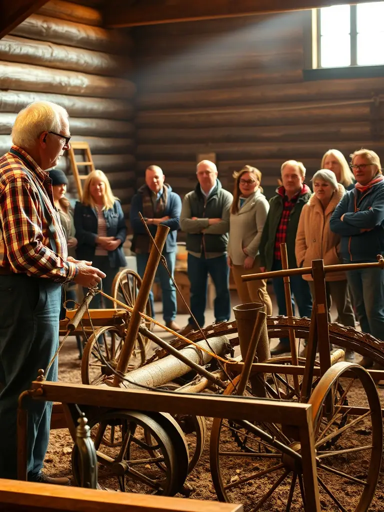 An image showcasing a guided tour of the museum's restored agricultural equipment, with a knowledgeable guide explaining the history and function of each item.