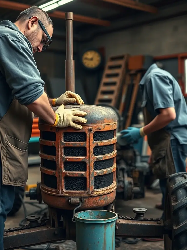 A photograph of volunteers restoring an antique tractor, showcasing the hands-on preservation work of HERITAGE, CULTURE AND TRADITIONS.