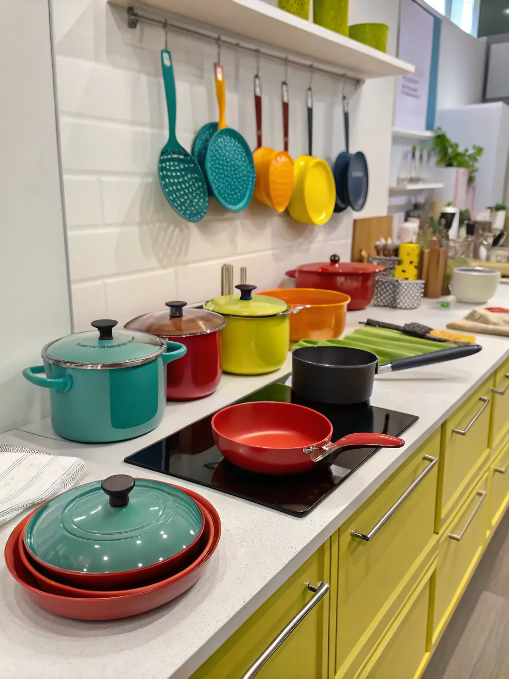 A well-lit display case featuring a collection of everyday household objects from before 1965, such as vintage kitchenware and tools, arranged to tell a story of daily life.