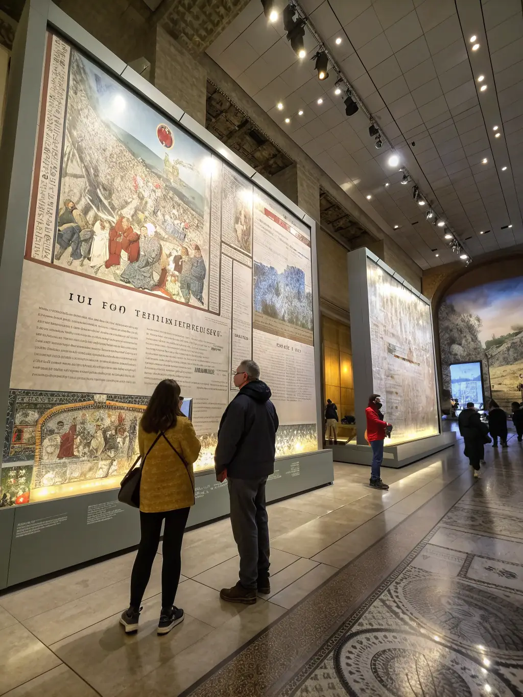 A photograph of a detailed exhibit showcasing historical documents and photographs related to local history and traditions, displayed with informative captions.