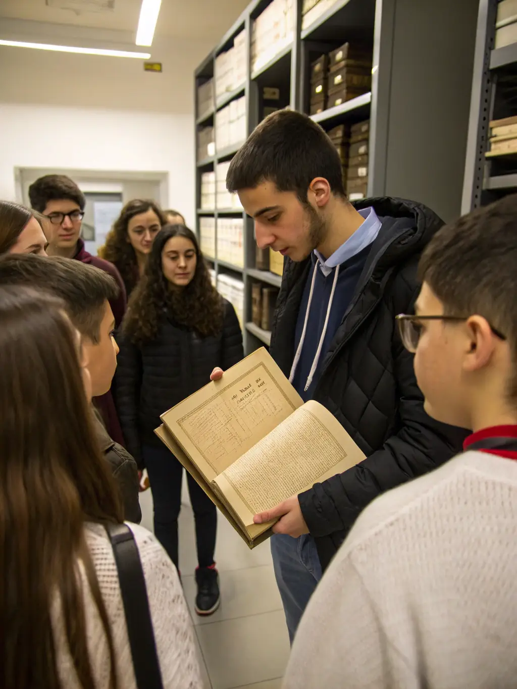 A photo of a local history research team examining old documents and photographs in the museum's archive.